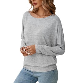 Poplab Long Sleeve Batwing Shirts for Women Casual Round Neck Basic Tshirts Fall Dolman Tops Fashion 2024 VG Gray White, X-Large