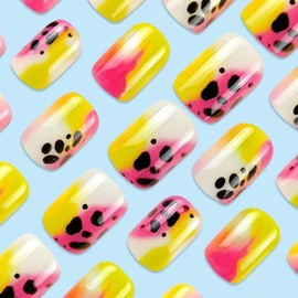 Press on Nails Short Square Shape-Glossy Full Cover Acrylic Pointed Square False Nails with Leopard Print Designs Artificial Fake Nails Glue ons Fingernails for Women Girls