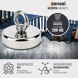 SENSEI Magnet 200 kg, N52 Neodymium Magnet with Top Eyelet, Diameter 7 cm x Height 1.8 cm, Very Strong Neodymium Eyelet Magnet for Home, Workshop, for Magnetic Fishing in Water