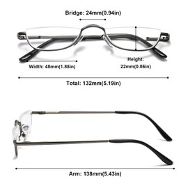 ABETOS Half Moon Reading Glasses Men Women Half Rim Metal Frame Spring Hinge Retro Stylish Slim Computer Readers, Grey 1.75