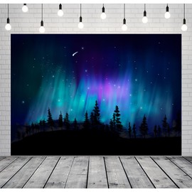 CORFOTO Fabric 7x5ft Forest Northern Lights Backdrop Night Sky Pine Trees Aurora Borealis Photography Background Norway Aurora Wallpaper Northern Lights Theme Decor Borealis Photo Booth Studio Props