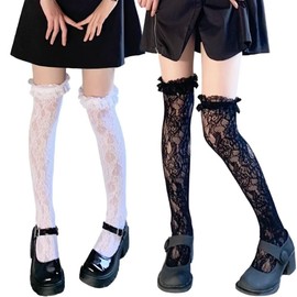 Eukkis Women's Over Knee Socks, 2 Pairs High Socks, Thigh High Socks, Cute Above Knee High Socks, Stocking, Long Socks, Elasticity, Anti-Slip, All over lace wisteria pattern Black/White