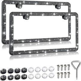 Black Rhinestone Sparkly License Plate Frame for Women, Black Diamond Bling License Plate Frame for Car, 2 Pack