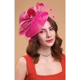 Cizoe Derby Fascinators for Women High Tea Party Hat Wedding Cocktail Flower Headware with Mesh and Feathers(Z-Fushia)