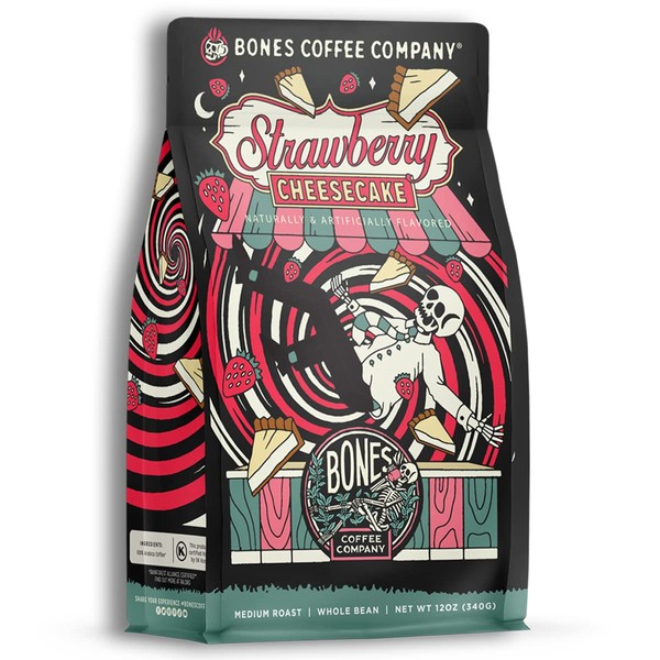 Bones Coffee Company Strawberry Cheesecake Ground Coffee Beans | 12 oz Medium Roast Low Acid Coffee | Flavored Coffee Gifts & Gourmet Coffee Beverages (Ground)