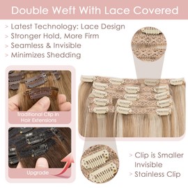 Silk-co Clip in Hair Extensions Real Human Hair Remy Double Weft With Lace Coverd Clip in Silky Straight Natural Thick Hair Seamless 7pcs 16Clips 120g 18Inch #12P613 Golden Brown&Bleach Blonde
