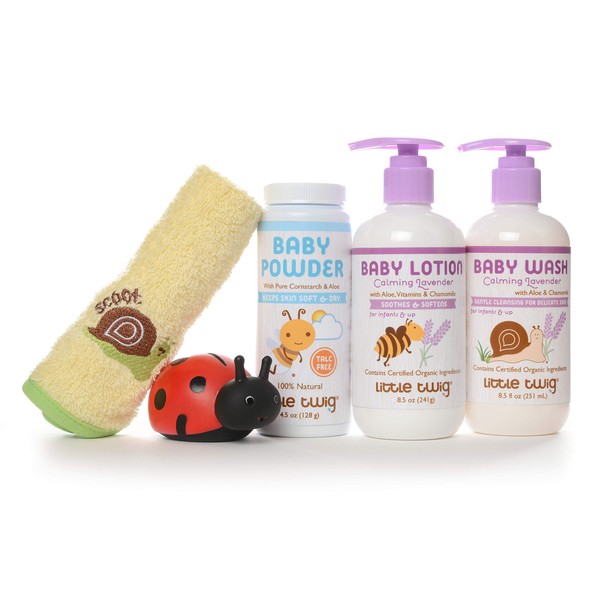 Little Twig Baby Basics Baby Powder Plus Baby Wash and Lotion Washcloth and Tub Toy Gift Set, Lavender/Unscented, 1.9 Pound
