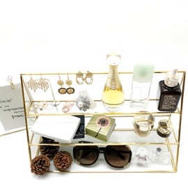 3-Tier Glass Triangular Prism Shaped Jewelry Stand, Home or Retail Display Showcase with Vintage Style Brass Tone Metal Frame (Large)