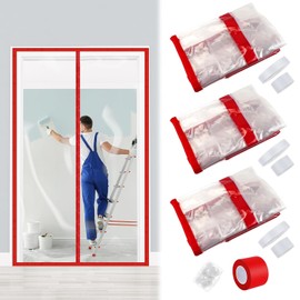 Preboun 1 Set Magnetic Dust Barrier Zipper Door Kit 4' x 7.5' Construction Plastic Dust Barriers Plastic Door Curtain for Construction Self Closing Curtain for Doorways Room (Red)