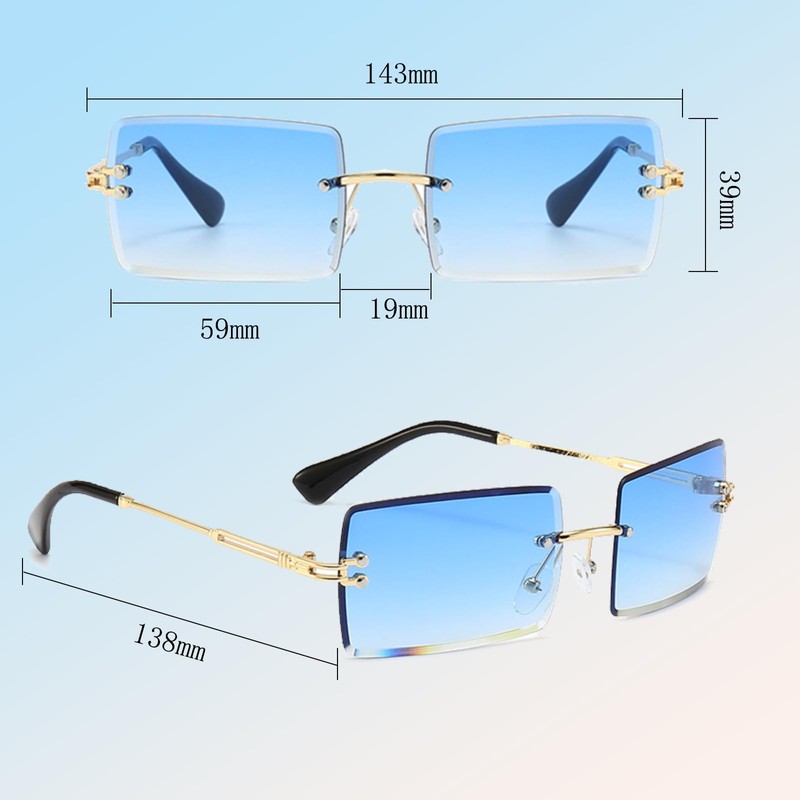XDGBGFN 2 Pairs Retro Rectangle Frameless Sunglasses 90s Style Glasses