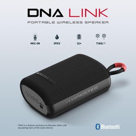 Monster DNA Link Portable Wireless Bluetooth Speaker - IPX5 Water Resistant, 12 Hour Playtime, True Wireless Stereo, Lightweight with Strap and Speakerphone - Perfect Speaker for Outdoors