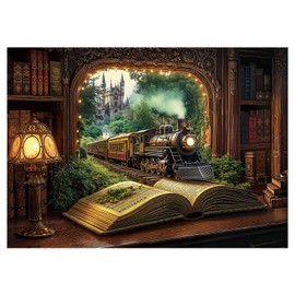 Train Forest Book Puzzle 1000 Pieces for Adults, Magic Vintage Plant Jigsaw Puzzles Castle, Fantasy Bookshelf Nature Tree Puzzles