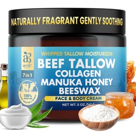 Beef Tallow, Organic Grass-Fed Beef Tallow Balm with Manuka Honey, Aloe Vera, Jojoba Oil, Olive Oil, Beeswax & Collagen, Natural Moisturizer for Face, Body & Lips, Hydrates Dry, Cracked Skin, 5oz