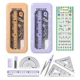 2 Pack Geometry Set, 8 Pcs Protractor Math Set for Students, Compass Set Math Tool Includes Compasses Protractor Ruler Eraser Lead Refills Metal Box for School Drawing Supplies