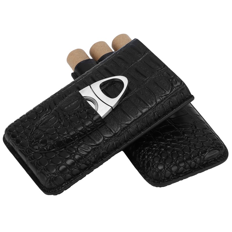 Cigar Case Portable Black Large Capacity PU Leather Caiman Pattern