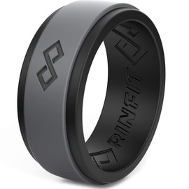 Rinfit Silicone Rings for Men 9mm Wide, 2mm Thick - Mens Rubber Wedding Bands - Infinity Ring with 2 Layers - Black & Gray, Size 11