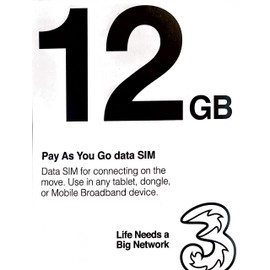 Three UK Europe Pay As You Go Mobile Broadband 12GB Data SIM Card - Free Roaming in 71 Destinations Including Europe, Americas and Australia