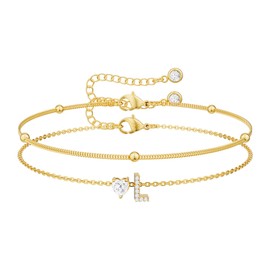 Tewiky Initial Heart Gold Bracelets for Women Trendy,Dainty 14K Gold Plated Zircon Letter Charm Bracelet Cute Simple Stack Beaded Chain Bracelets Jewelry for Women Gift L