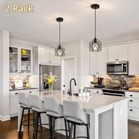 NAANN Black Pendant Light, 2 Pack Vintage Cage Hanging Lamp Farmhouse Industrial Metal Pendant Lighting Fixtures for Kitchen Island Bedroom Hallway