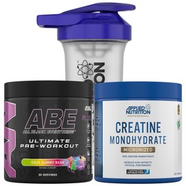 Applied Nutrition Applied Nutrition Bundle ABE Pre Workout 375g + Creatine 250g + 700ml Protein Shaker | All Black Everything Pre Workout Powder, Energy & Performance with Creatine, Beta Alanine (Sour Gummy Bear)