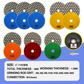 VENJELD Diamond Dry Polishing Pads 100mm 8pcs Polishing Kit Grit 50x3/100x2/200/400/800 and M14 Thread Plastic Backer and Adapter for Granite Marble Artificial Stone Quartz for Angle Grinder