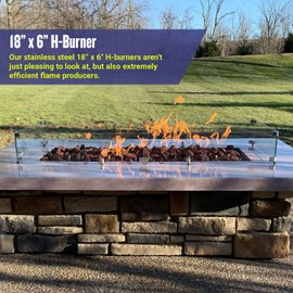 American Fire Glass H-Burner Kit for Natural Gas, 18" x 6" | Stainless Steel for Indoor & Outdoor use in Natural Gas Fire Pit or Fireplace | Non-Whistle, Flexible Flex Gas Line