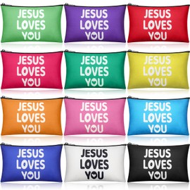 Locmeo 12 Pcs Jesus Loves You Christian Makeup Bags Canvas Cosmetic Bags with Zipper Christian Pencil Pouch Bible Verse Toiletry Pouch Religious Appreciation Gifts for Women (Bright Color)