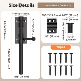 Mixizigoz 7.8 Inch Barrel Bolt Latch, Reinforced Slide Bolt Gate Latch, 304 Stainless Steel Door Latch Lock for Barn, Garden, Shed - 14 mm Bolt with Padlock Hole (Black-1pc 8 Inch)