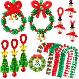 AWHETIE Christmas Crafts for Adults,40 Sets Beaded Ornament Kit,Including 20 Pcs Wreath with Bell/5 Pcs Snowman/5 Pcs Christmas Tree/10 Pcs Candy Cane,Holiday Tree Decorations