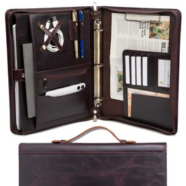 Geslun Genuine Leather Portfolio 3 Ring Binder with Clipboard, Hidden Handle, 8.5 x 11 Zippered Padfolio, Business Organizer Professional Executive Folio for Men and Women, Dark Brown, Oil Tanned