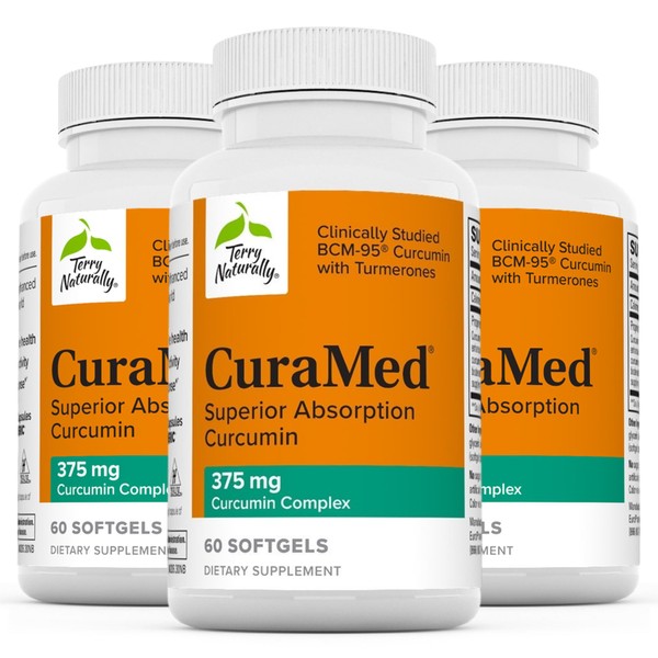 Terry Naturally CuraMed 375 mg Curcumin Complex - 60 Softgels, Pack of 3 - Superior Absorption BCM-95 - Non-GMO, Gluten-Free, Halal - 180 Total Servings