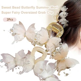 2 Pcs Large Butterfly Hair Clips Elegant Pink White Pearl Rhinestone Claw Clips Crystal Beaded Hair Styling Accessories for Women (Pink+White, One size)