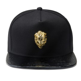 Lion Head Hip Hop Flat Brimmed Hat Men's Baseball Hat with Gold Lion Badge, Metal Badge Street Rap Men's (US, Numeric, 7 3/8, Black)