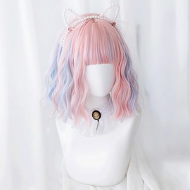Akixen Women's Wig, Lolita, Short Curl, Pink Wig, Strawberry Ice Cream, Harajuku Style, Small Face, Heat Resistant, Cute, Cosplay, Hair Net, Fashion Event, Halloween, Disguise, Festival