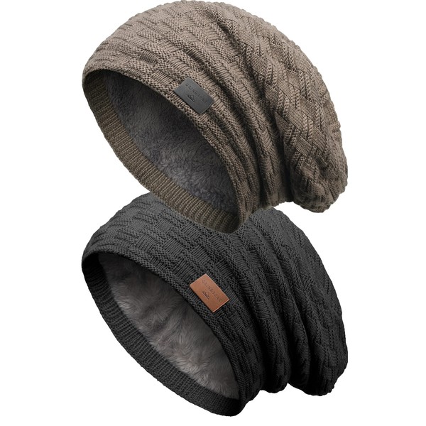 Grin&Bear M10 Beanie, Chunky Knit, Long Slouch Beanie with Teddy