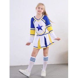 LOLANTA Girls Cheerleading Costume Kids School Cheerleader Outfit Attach Poms & Socks, yellow, 11-12 Years, 160
