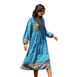 R.Vivimos Women's Long Sleeve Floral Print Retro V Neck Tassel Bohemian Midi Dresses (Small, DarkTurquoise)
