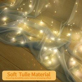 Black Backdrop Curtain - 10 * 8FT Tulle Backdrop Curtain with Lights String for Birthday Decorations - Sheer Backdrop Curtains for Weddings Baby Shower Celebration Happy Anniversary Decorations