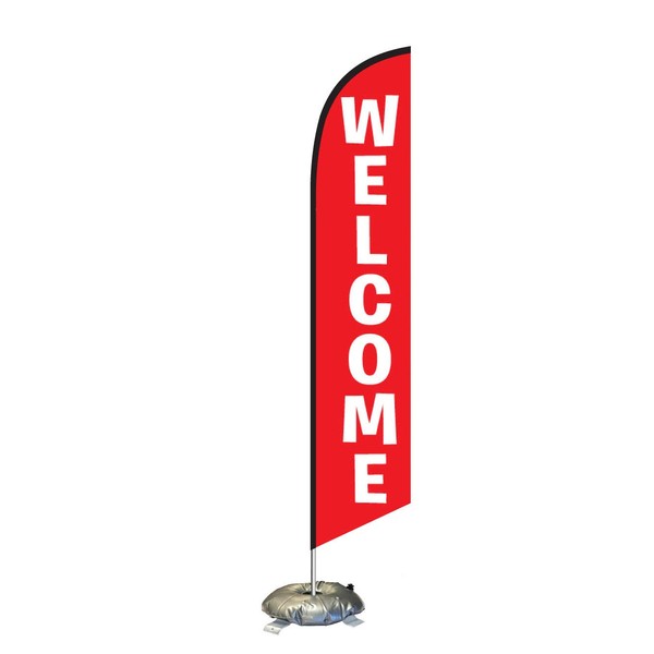 Red Welcome Feather Flag Kit with Cross-Base and Weight-Donut, Outdoor