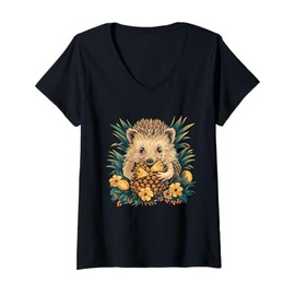 Womens Pineapple Hedgehog Floral Pineapple Fruit Animal Art Motif V-Neck T-Shirt