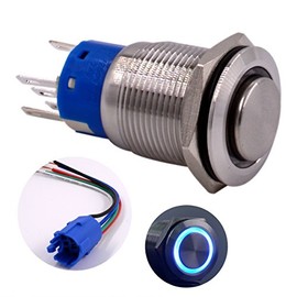 Momentary Push Button Switch, URTONE UR198, 1NO1NC Stainless Steel Shell with 24V Blue LED Ring Suitable for 19mm 3/4" Mounting Hole, Include Socket