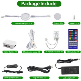 AXMVEZ RGB+Daylight White Color Changing Under Cabinet Lighting Kit,Under Cabinet LED Closet Lights Puck Light with IR Remote,Dimmable Under Counter Lighting for Wardrobe Kitchen Hard Wired 14 Lights