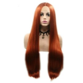 RainaHair Copper Red Lace Front Wig Middle Part Long Yaki Straight Synthetic Wig for Women Heat Resistant Fiber Hair
