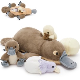 Tezituor 21" Platypus Stuffed Animal with 3 Babies & 2 Eggs, Cute Realistic Platypus Plush Toys for Kids, Christmas, Easter, Birthday, Party and Decorations
