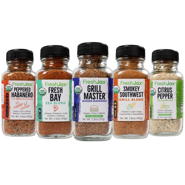 FreshJax Seasoning Gift Set | Pack of 5 Organic Grilling Premium Spices and Seasonings for Cooking, and Grilling | Peppered Habanero, Fresh Bay, Grill Master, Smokey Southwest, and Citrus Pepper - Grilling Gift Set