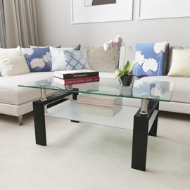 Tempered Glass Coffee Table Living Room Modern Side Coffee Table with Storage Shelf and Metal Frame (Black)