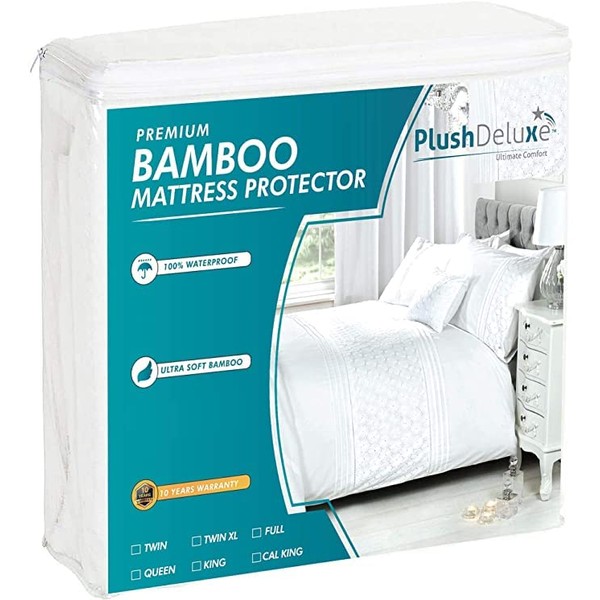 PlushDeluxe Premium Bamboo Mattress Protector – Twin Size, Waterproof, & Ultra Soft Breathable Noiseless Washable Bed Mattress Cover for Comfort & Protection - White