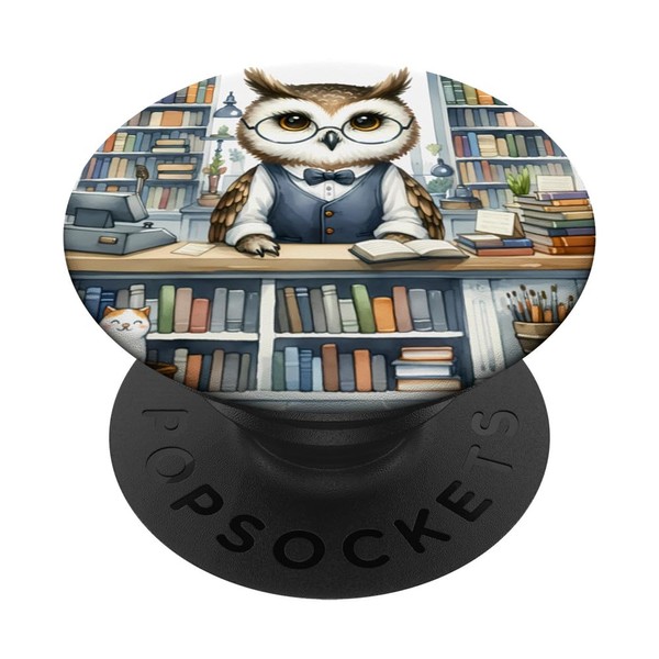 Owl Running Quaint Bookstore Glasses Counter Shelves Cat PopSockets with
