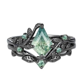 DONGHU 1.5CT Kite Cut Natural Moss Agate Engagement Ring Set Sterling Silver Black Gold Plated Inspired Leaf Moss Agate Wedding Ring Set for Women Size 8.5