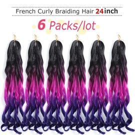 WIPPORYA French Curly Braiding Hair 24 Inch 6 Packs Black Loose Wave Bouncy Crochet Hair Pre Stretched 100g/pack Yaki Curly Braiding Hair for Black Women Hair Extensions (1B/purple/dark blue)